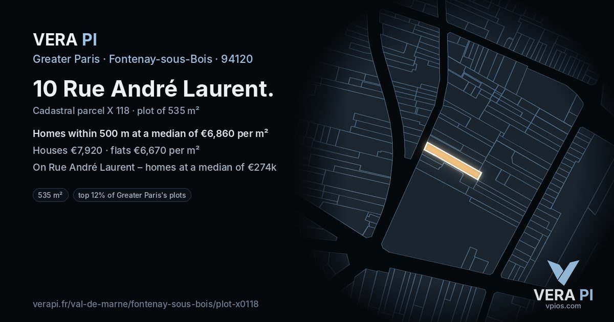 10 Rue André Laurent, Fontenay-sous-Bois at night – the plot lit, the parcels around coloured by the prices near them