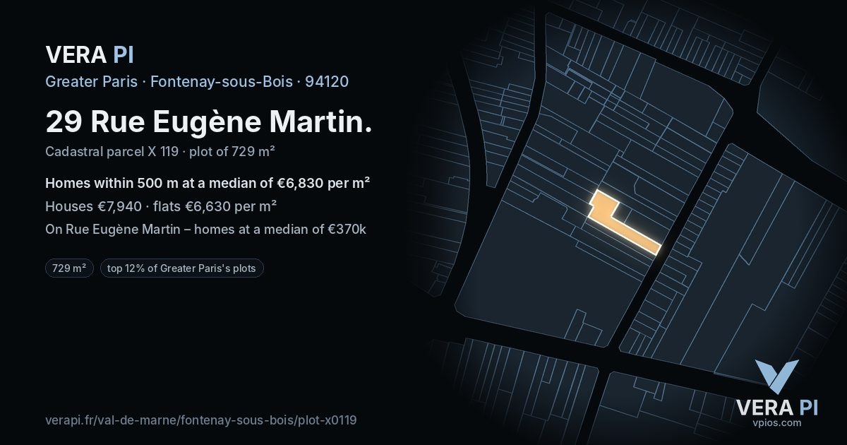29 Rue Eugène Martin, Fontenay-sous-Bois at night – the plot lit, the parcels around coloured by the prices near them