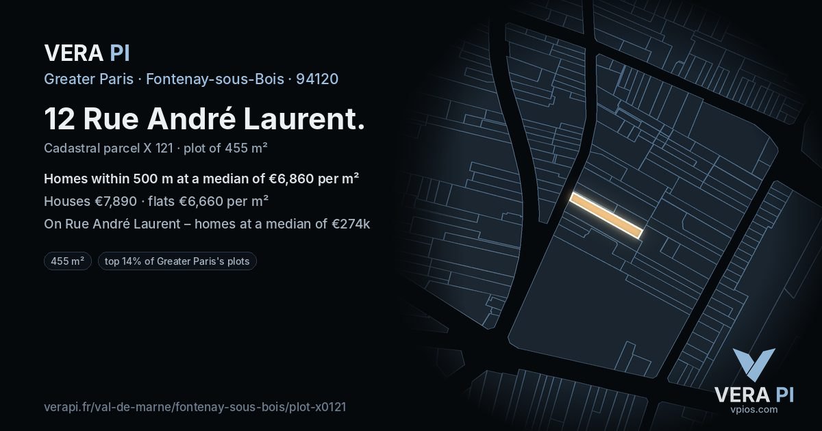 12 Rue André Laurent, Fontenay-sous-Bois at night – the plot lit, the parcels around coloured by the prices near them