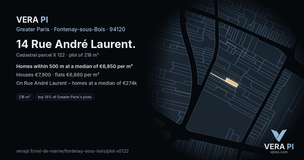 14 Rue André Laurent, Fontenay-sous-Bois at night – the plot lit, the parcels around coloured by the prices near them