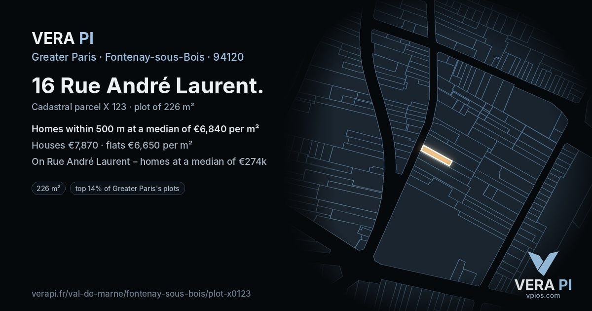 16 Rue André Laurent, Fontenay-sous-Bois at night – the plot lit, the parcels around coloured by the prices near them