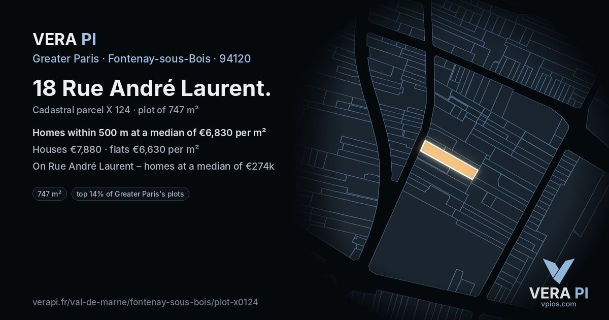 18 Rue André Laurent, Fontenay-sous-Bois at night – the plot lit, the parcels around coloured by the prices near them