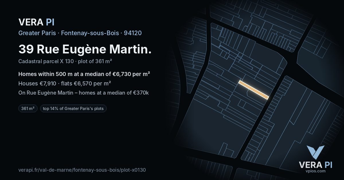 39 Rue Eugène Martin, Fontenay-sous-Bois at night – the plot lit, the parcels around coloured by the prices near them