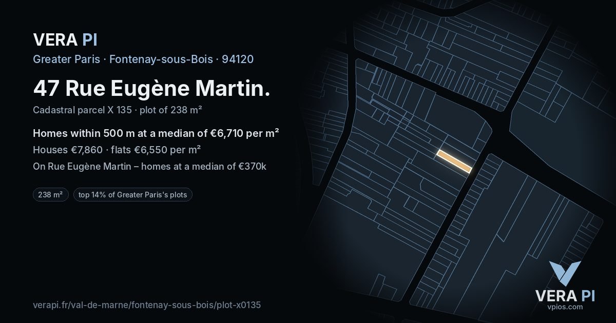 47 Rue Eugène Martin, Fontenay-sous-Bois at night – the plot lit, the parcels around coloured by the prices near them
