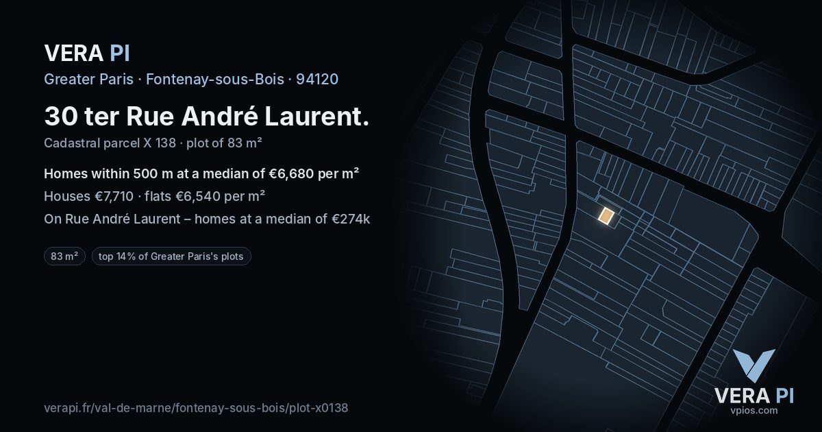 30 ter Rue André Laurent, Fontenay-sous-Bois at night – the plot lit, the parcels around coloured by the prices near them