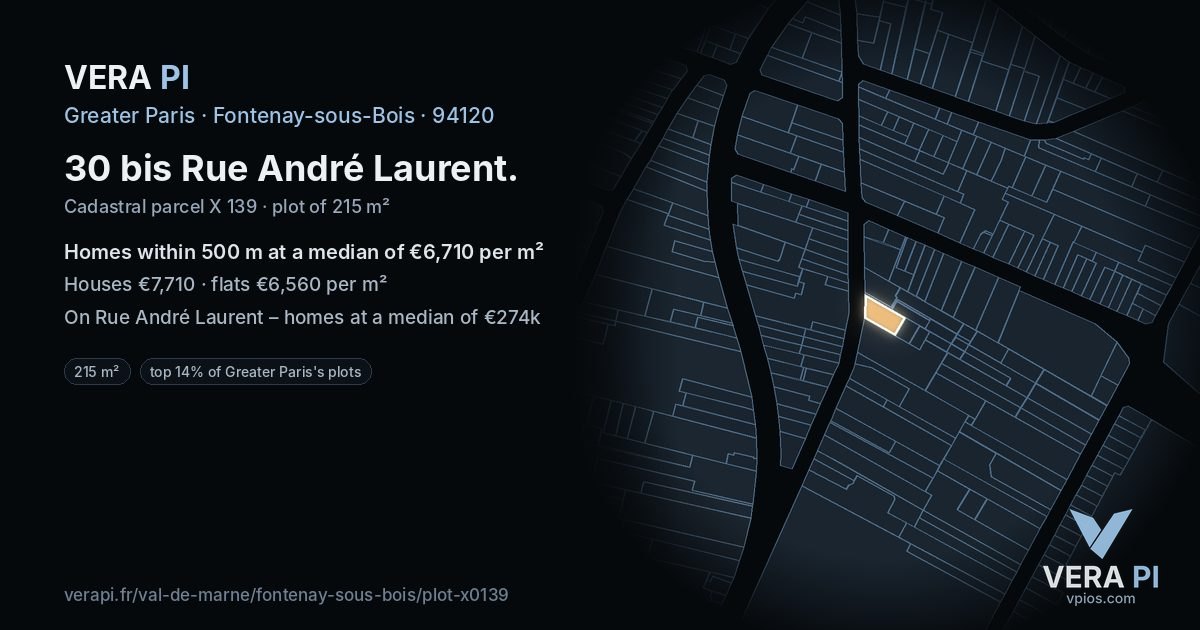 30 bis Rue André Laurent, Fontenay-sous-Bois at night – the plot lit, the parcels around coloured by the prices near them