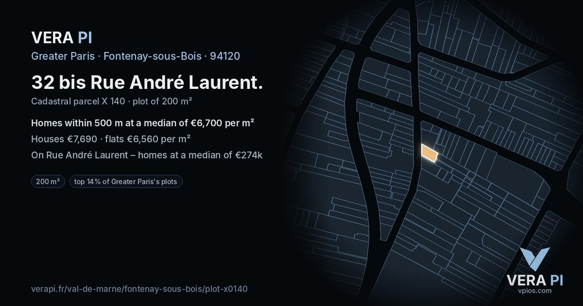 32 bis Rue André Laurent, Fontenay-sous-Bois at night – the plot lit, the parcels around coloured by the prices near them