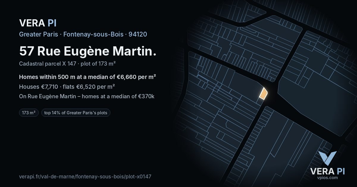 57 Rue Eugène Martin, Fontenay-sous-Bois at night – the plot lit, the parcels around coloured by the prices near them