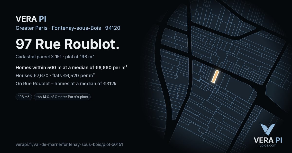 97 Rue Roublot, Fontenay-sous-Bois at night – the plot lit, the parcels around coloured by the prices near them
