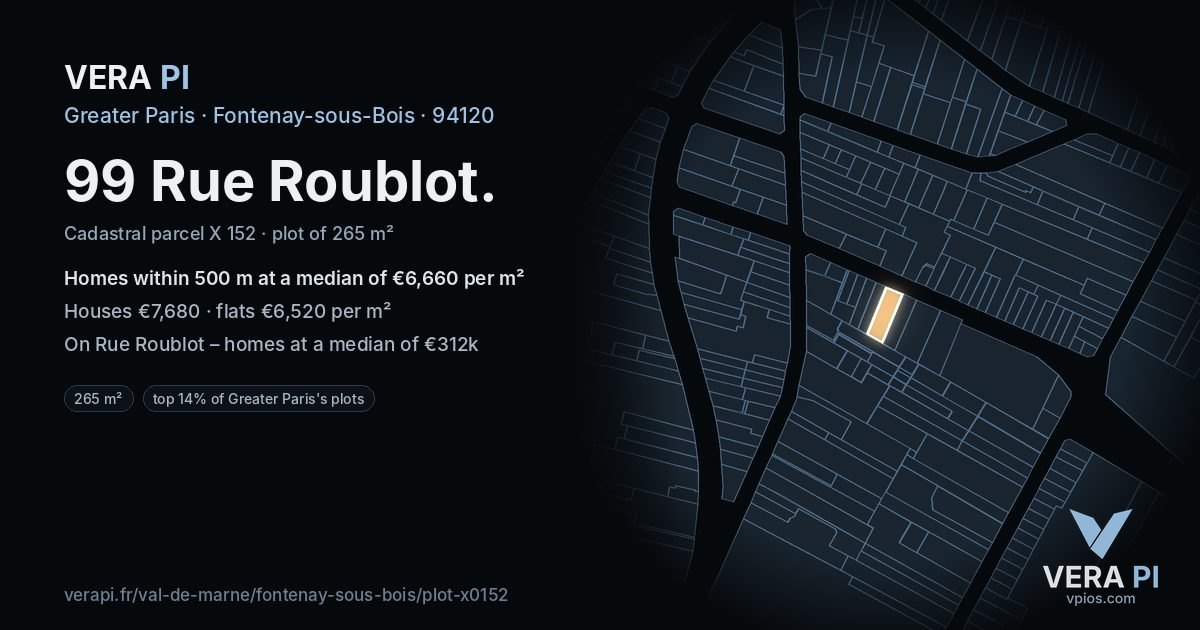 99 Rue Roublot, Fontenay-sous-Bois at night – the plot lit, the parcels around coloured by the prices near them
