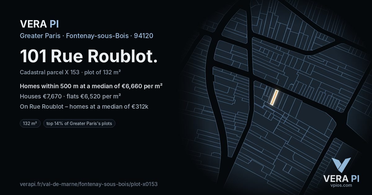 101 Rue Roublot, Fontenay-sous-Bois at night – the plot lit, the parcels around coloured by the prices near them