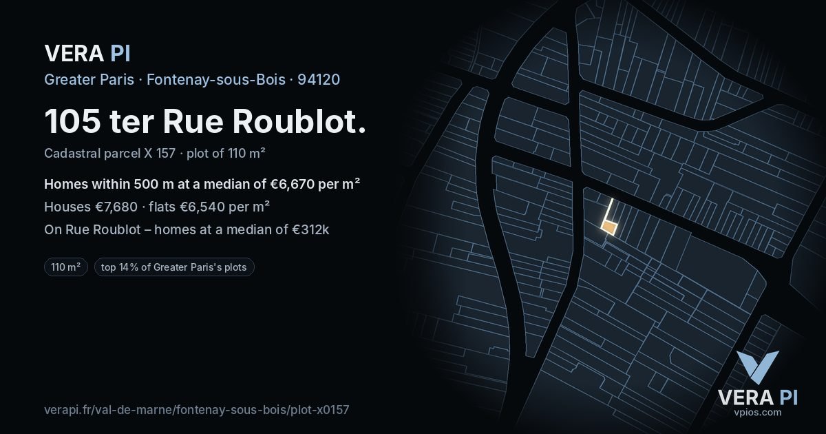 105 ter Rue Roublot, Fontenay-sous-Bois at night – the plot lit, the parcels around coloured by the prices near them