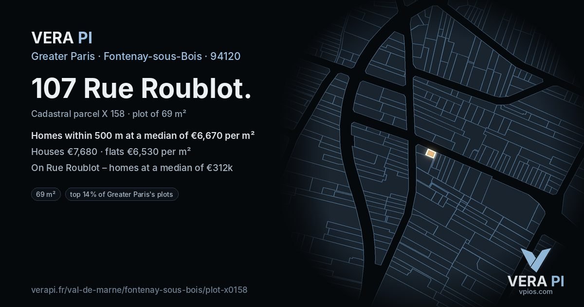 107 Rue Roublot, Fontenay-sous-Bois at night – the plot lit, the parcels around coloured by the prices near them