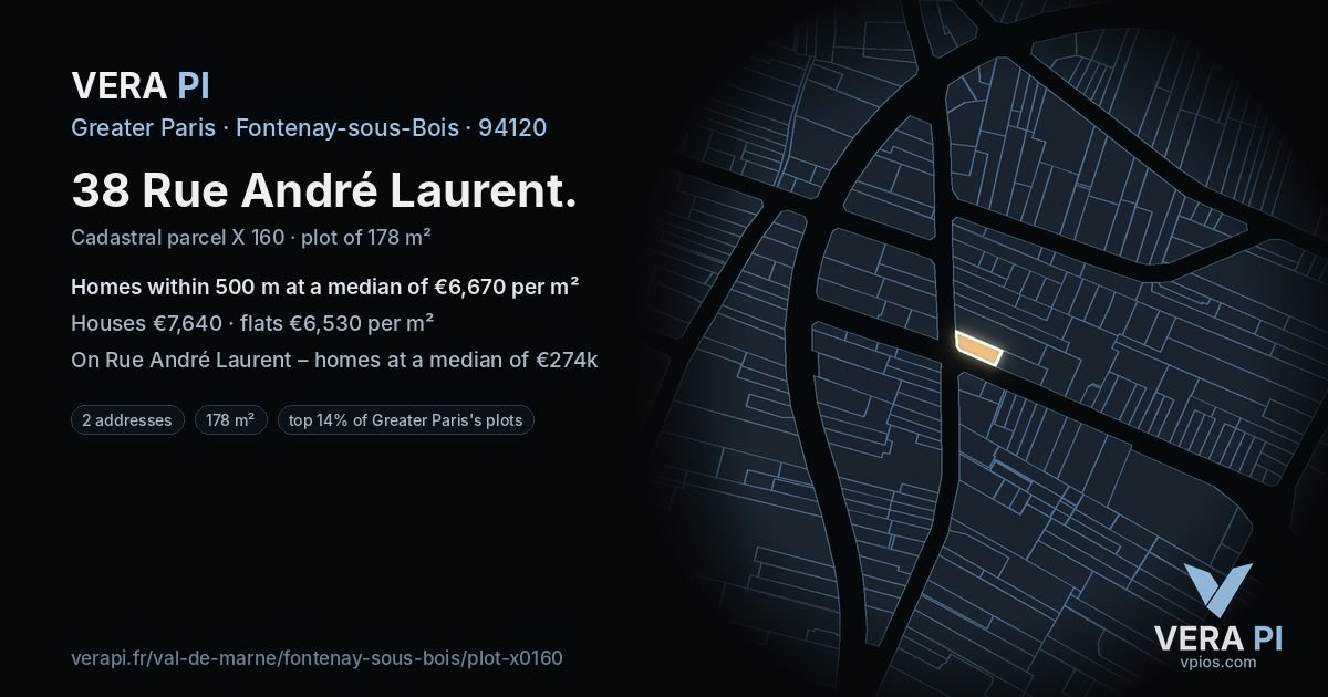 38 Rue André Laurent, Fontenay-sous-Bois at night – the plot lit, the parcels around coloured by the prices near them
