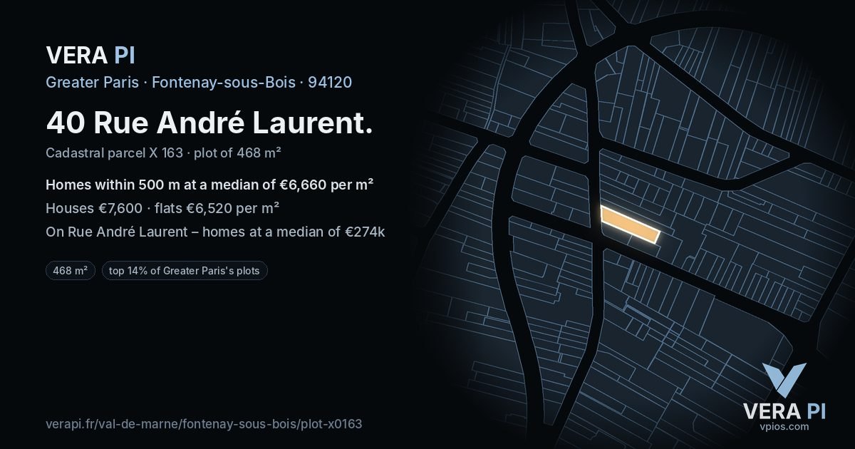 40 Rue André Laurent, Fontenay-sous-Bois at night – the plot lit, the parcels around coloured by the prices near them