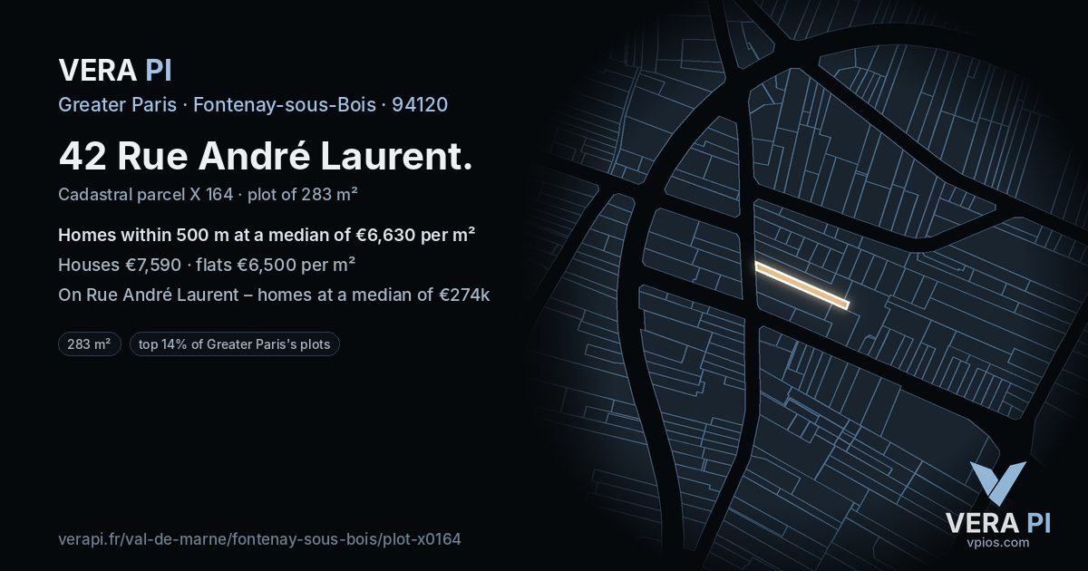 42 Rue André Laurent, Fontenay-sous-Bois at night – the plot lit, the parcels around coloured by the prices near them