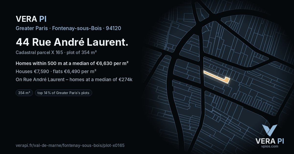 44 Rue André Laurent, Fontenay-sous-Bois at night – the plot lit, the parcels around coloured by the prices near them