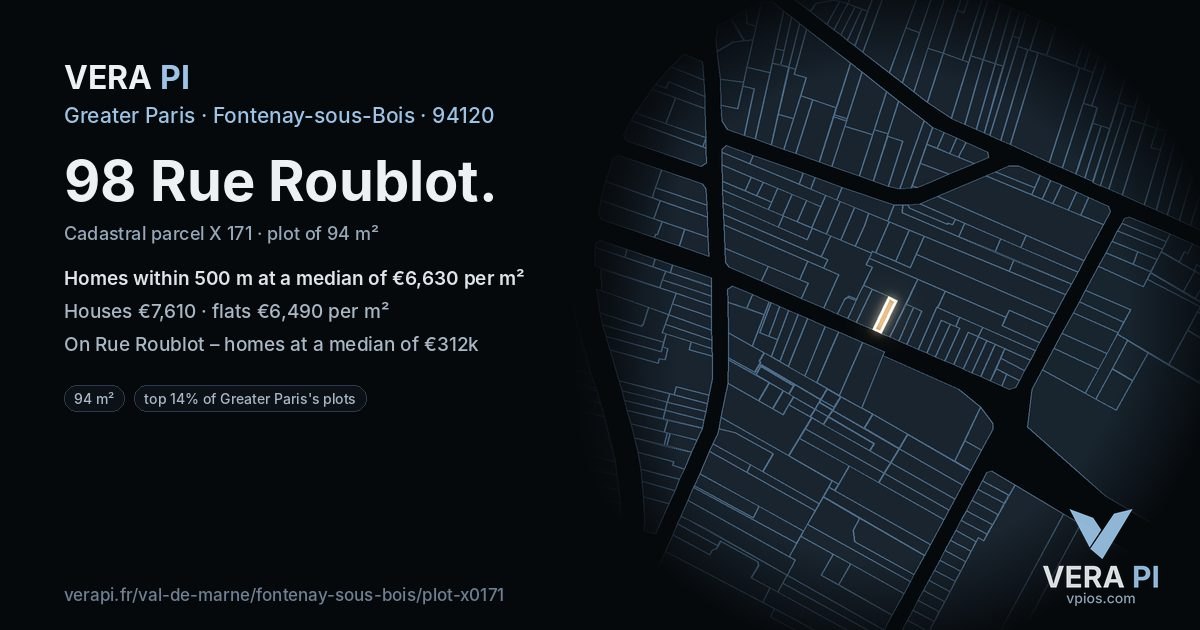 98 Rue Roublot, Fontenay-sous-Bois at night – the plot lit, the parcels around coloured by the prices near them