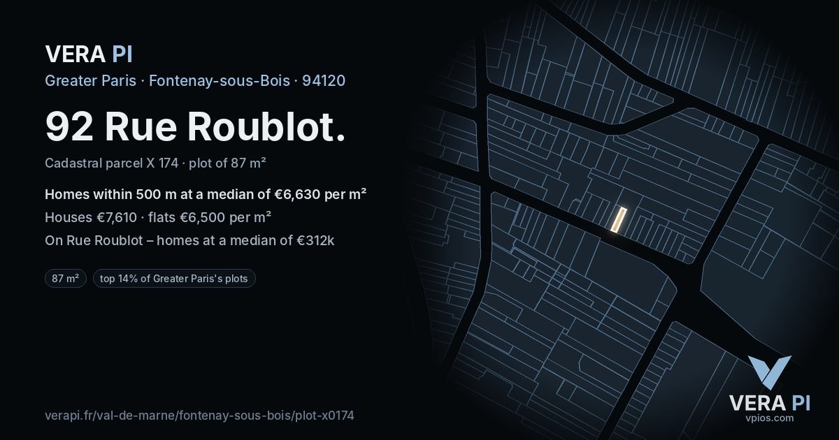 92 Rue Roublot, Fontenay-sous-Bois at night – the plot lit, the parcels around coloured by the prices near them