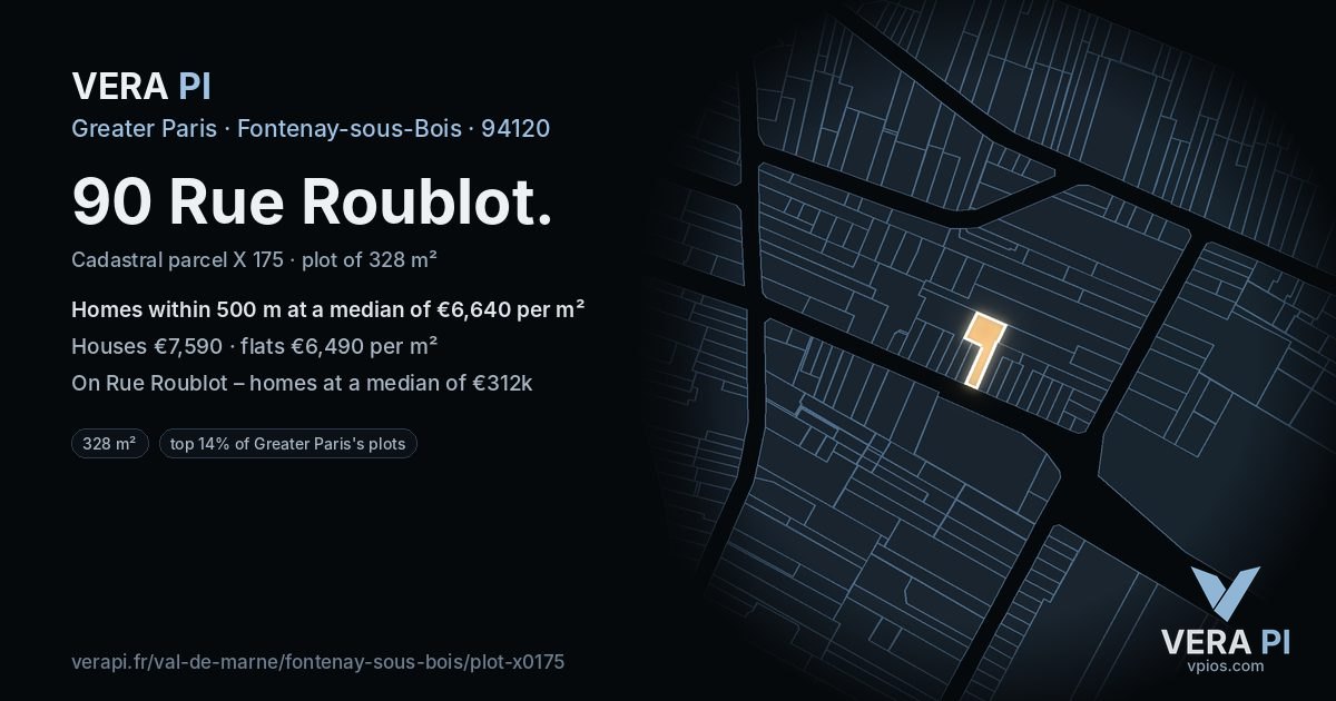 90 Rue Roublot, Fontenay-sous-Bois at night – the plot lit, the parcels around coloured by the prices near them