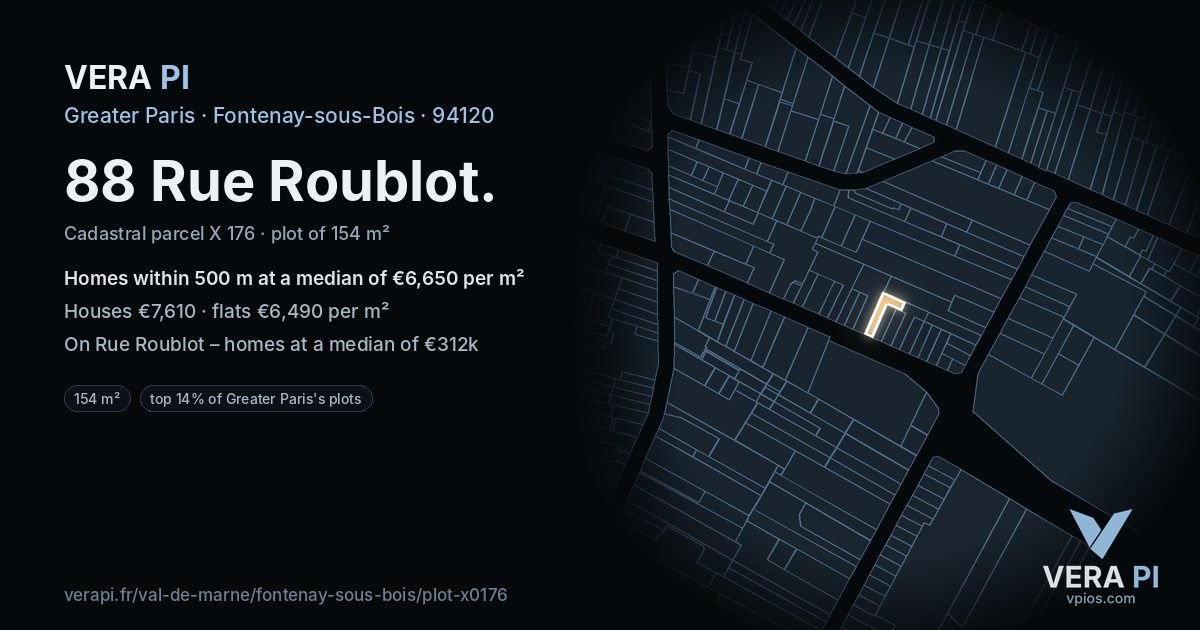 88 Rue Roublot, Fontenay-sous-Bois at night – the plot lit, the parcels around coloured by the prices near them