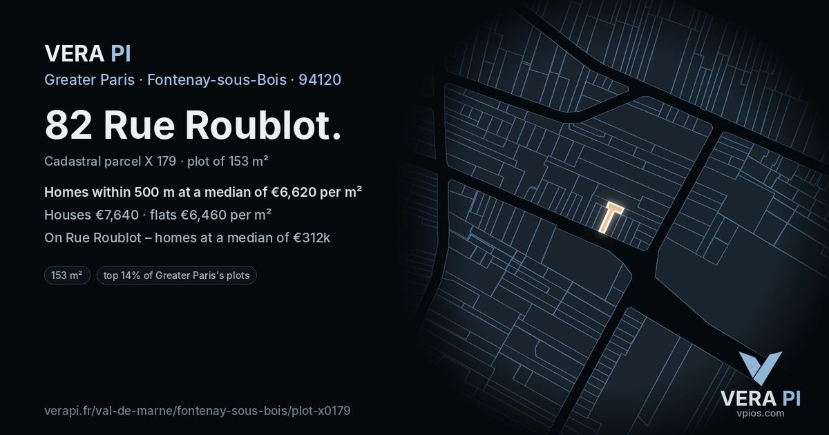 82 Rue Roublot, Fontenay-sous-Bois at night – the plot lit, the parcels around coloured by the prices near them