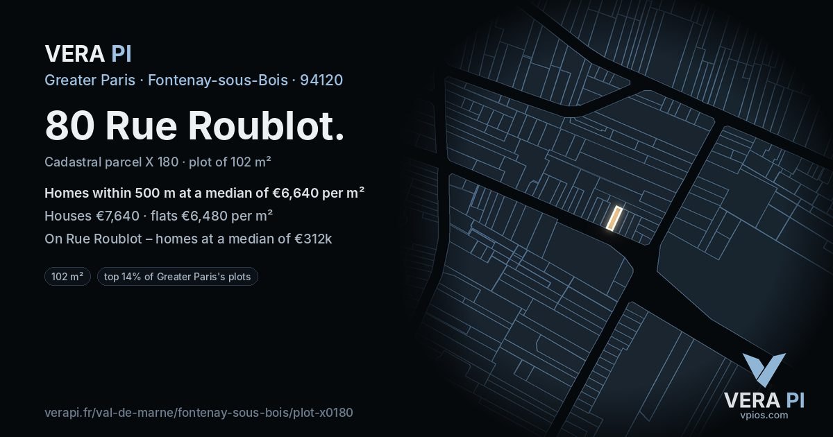 80 Rue Roublot, Fontenay-sous-Bois at night – the plot lit, the parcels around coloured by the prices near them