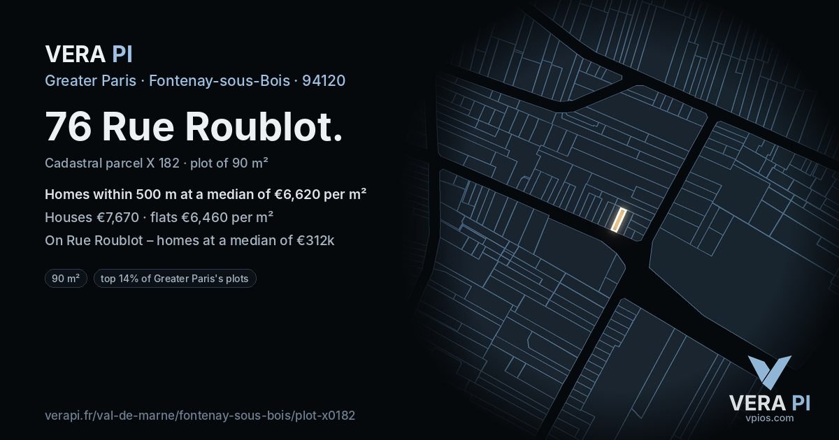 76 Rue Roublot, Fontenay-sous-Bois at night – the plot lit, the parcels around coloured by the prices near them
