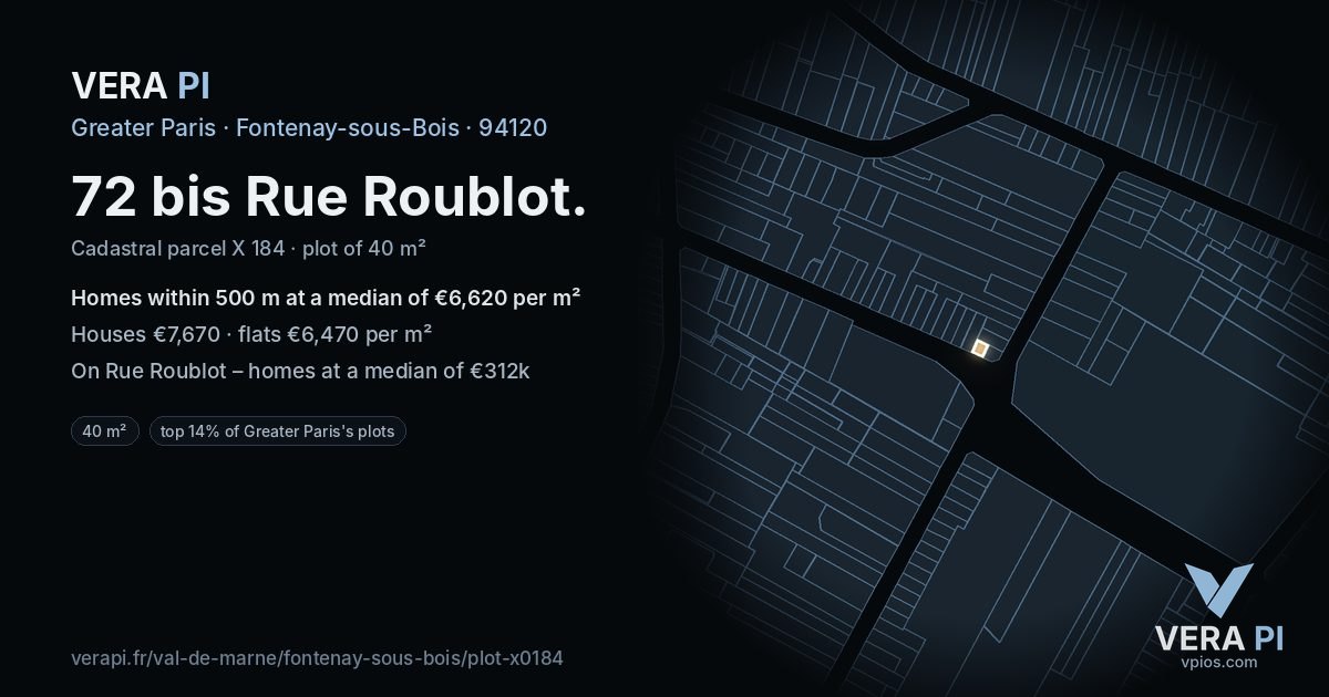72 bis Rue Roublot, Fontenay-sous-Bois at night – the plot lit, the parcels around coloured by the prices near them