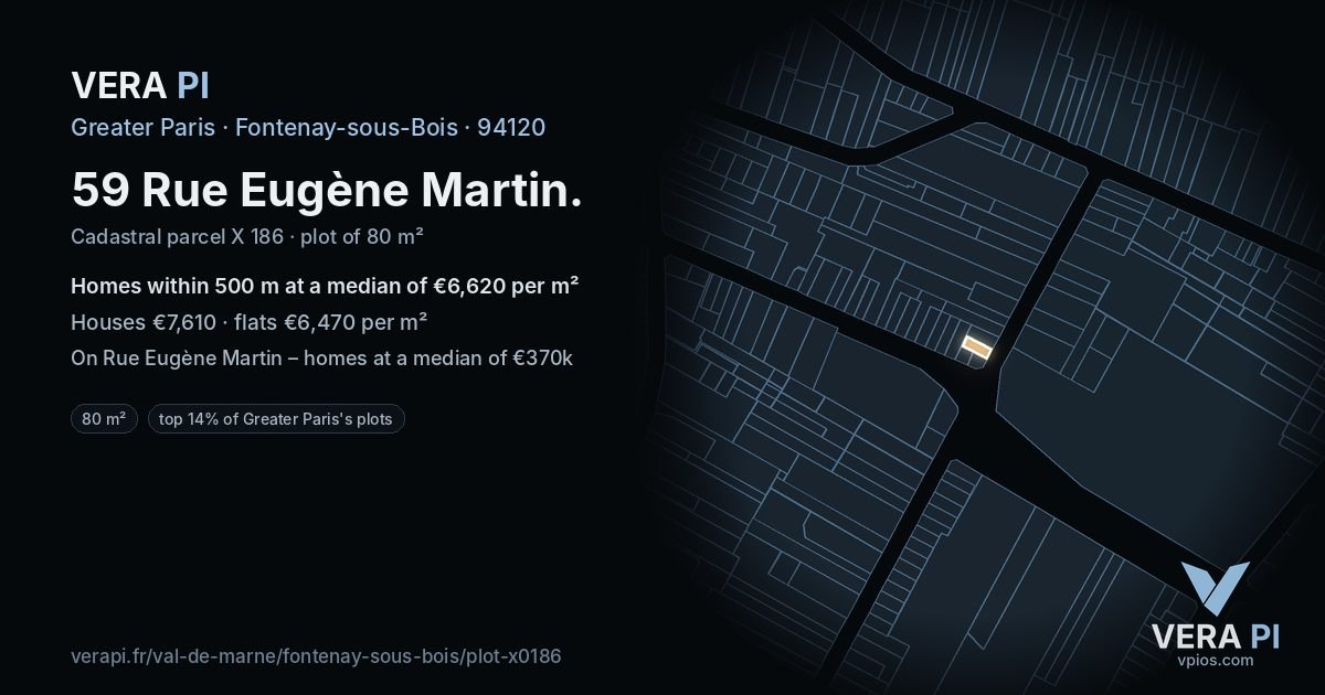 59 Rue Eugène Martin, Fontenay-sous-Bois at night – the plot lit, the parcels around coloured by the prices near them