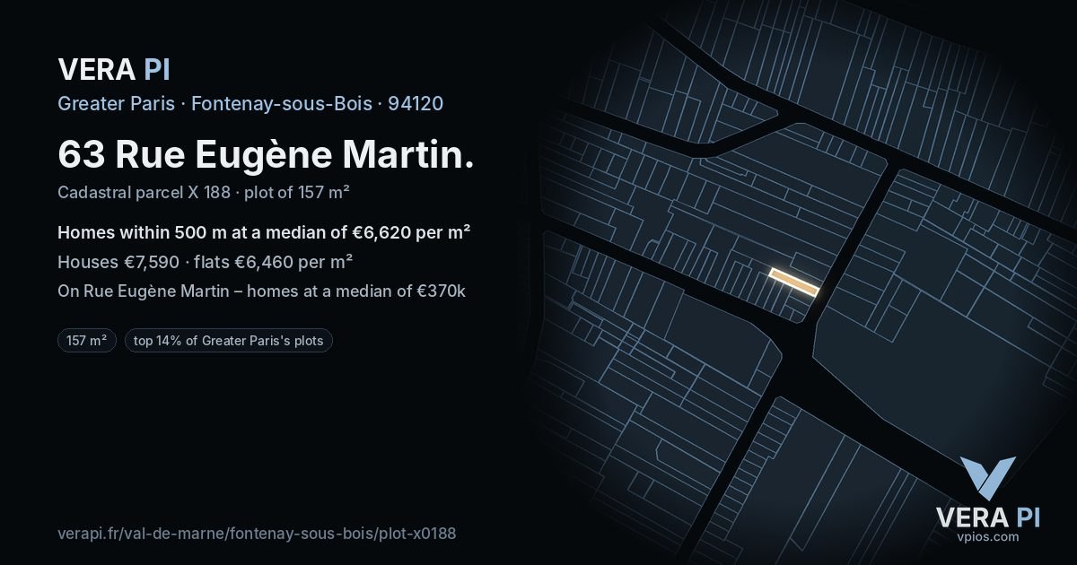 63 Rue Eugène Martin, Fontenay-sous-Bois at night – the plot lit, the parcels around coloured by the prices near them