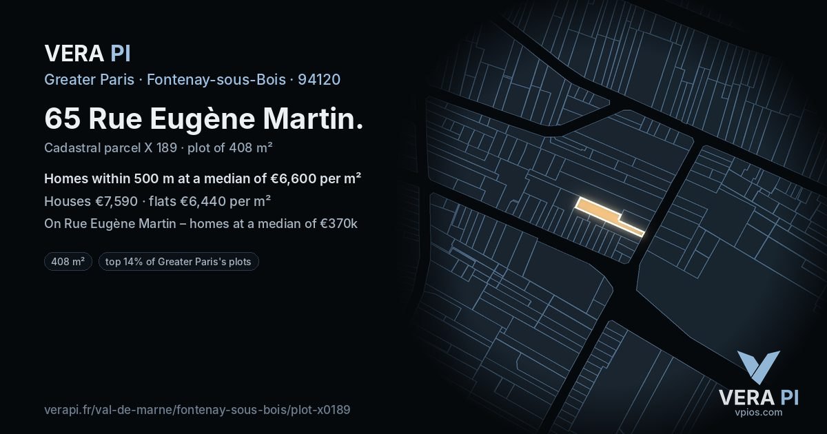 65 Rue Eugène Martin, Fontenay-sous-Bois at night – the plot lit, the parcels around coloured by the prices near them