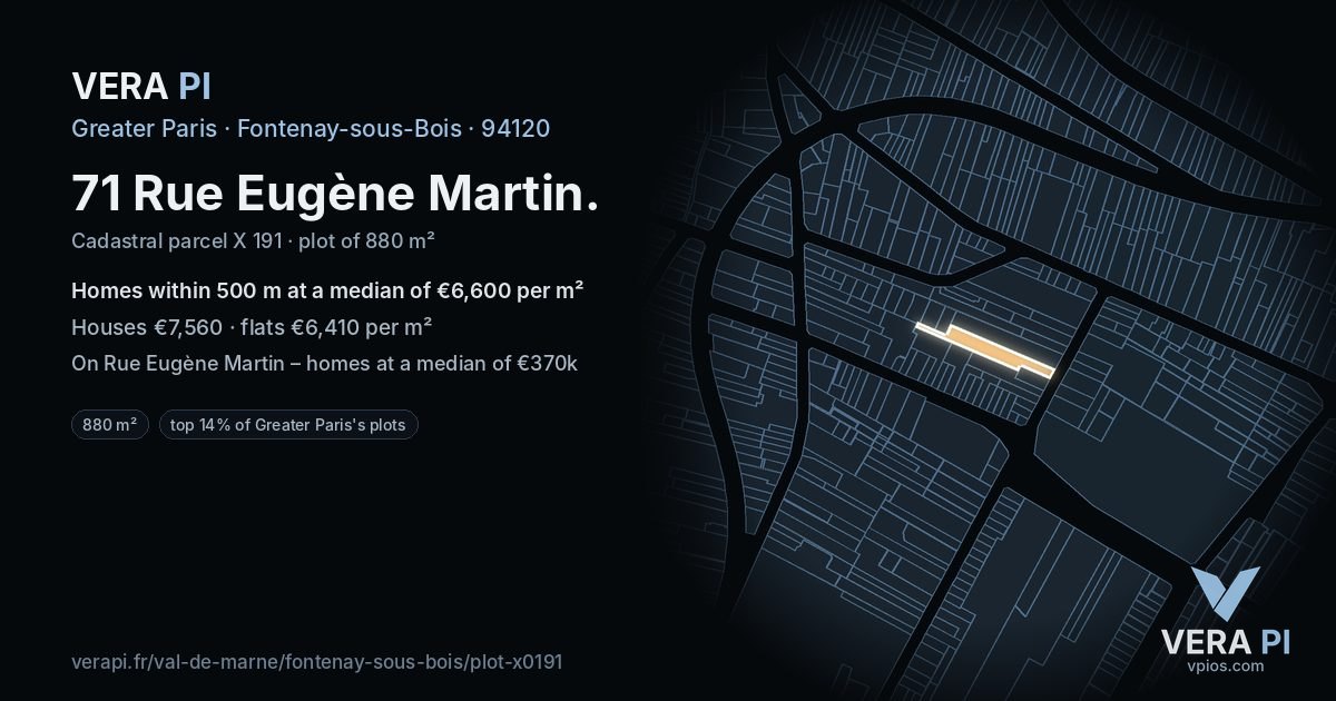 71 Rue Eugène Martin, Fontenay-sous-Bois at night – the plot lit, the parcels around coloured by the prices near them