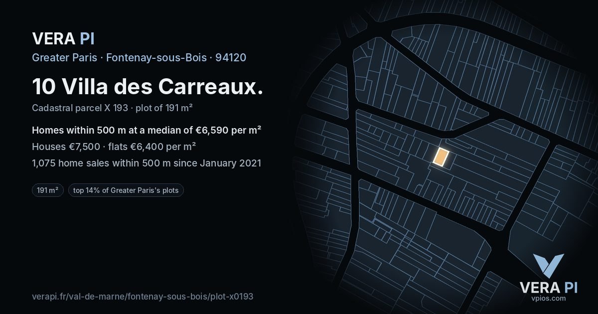 10 Villa des Carreaux, Fontenay-sous-Bois at night – the plot lit, the parcels around coloured by the prices near them
