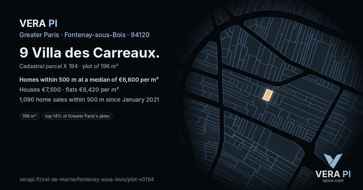 9 Villa des Carreaux, Fontenay-sous-Bois at night – the plot lit, the parcels around coloured by the prices near them