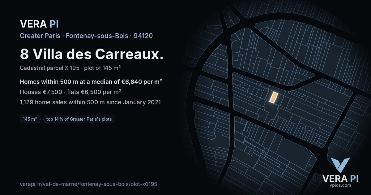 8 Villa des Carreaux, Fontenay-sous-Bois at night – the plot lit, the parcels around coloured by the prices near them
