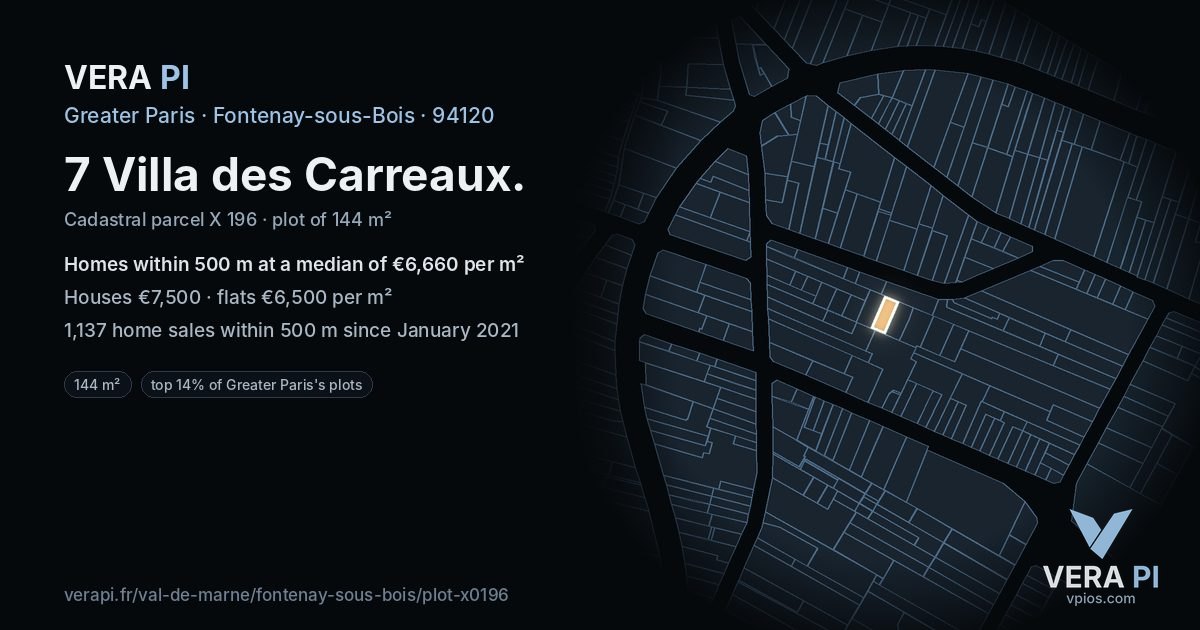7 Villa des Carreaux, Fontenay-sous-Bois at night – the plot lit, the parcels around coloured by the prices near them