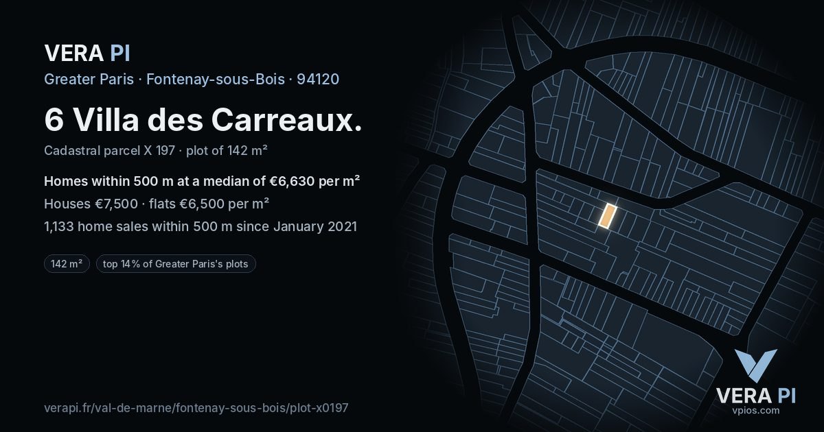 6 Villa des Carreaux, Fontenay-sous-Bois at night – the plot lit, the parcels around coloured by the prices near them