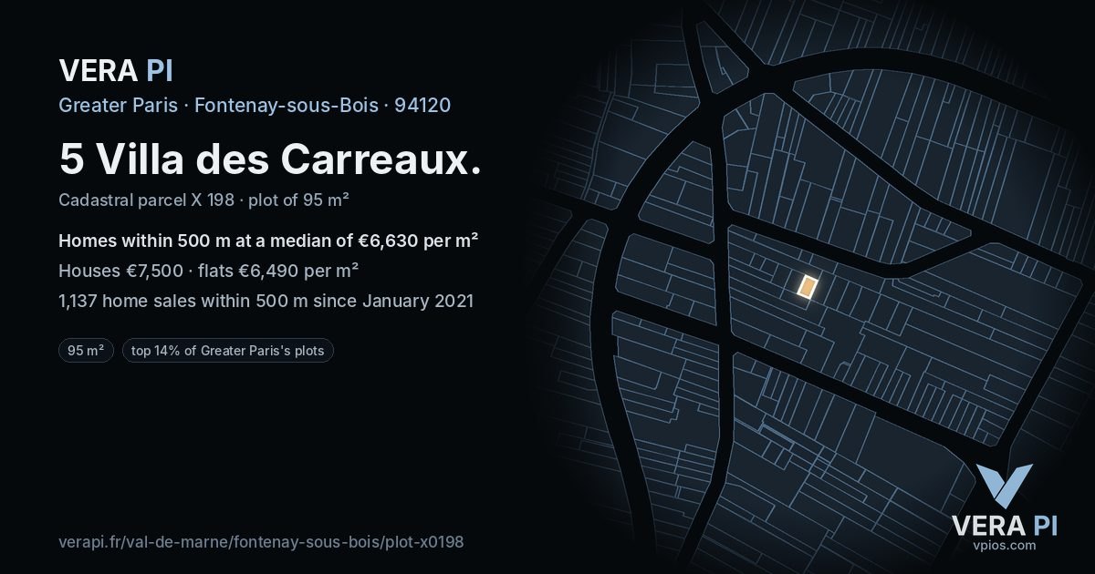 5 Villa des Carreaux, Fontenay-sous-Bois at night – the plot lit, the parcels around coloured by the prices near them