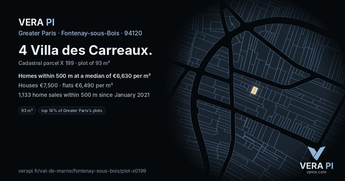 4 Villa des Carreaux, Fontenay-sous-Bois at night – the plot lit, the parcels around coloured by the prices near them