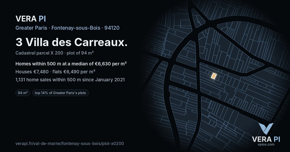 3 Villa des Carreaux, Fontenay-sous-Bois at night – the plot lit, the parcels around coloured by the prices near them