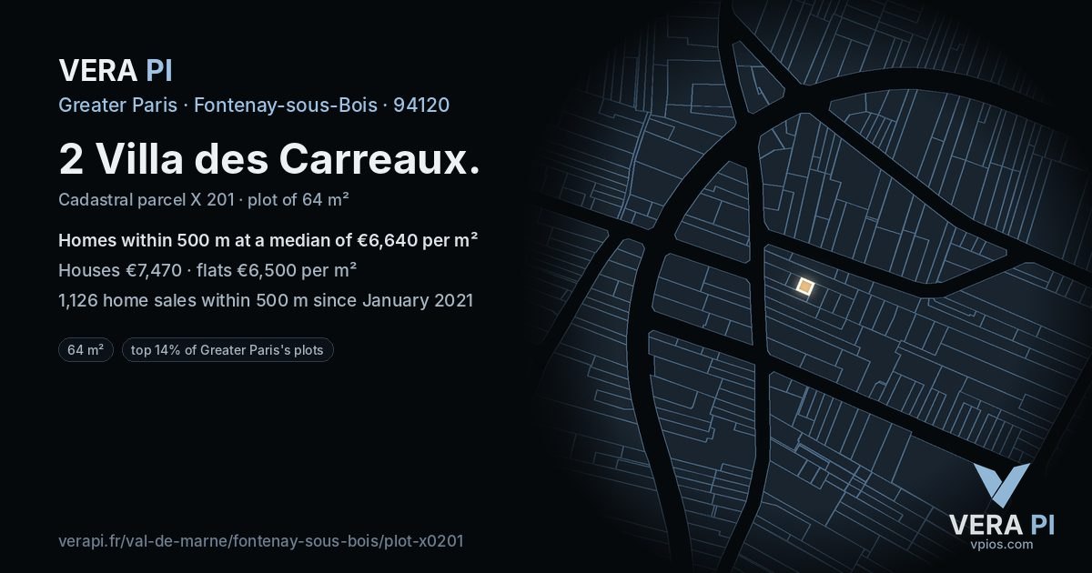 2 Villa des Carreaux, Fontenay-sous-Bois at night – the plot lit, the parcels around coloured by the prices near them
