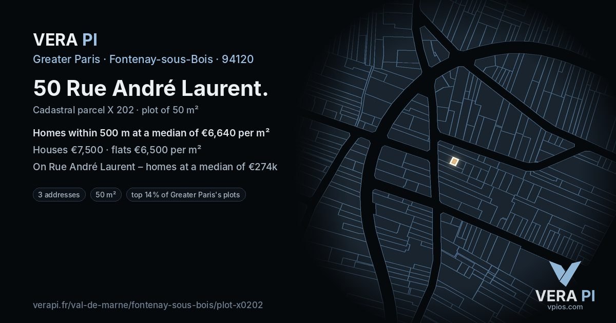 50 Rue André Laurent, Fontenay-sous-Bois at night – the plot lit, the parcels around coloured by the prices near them