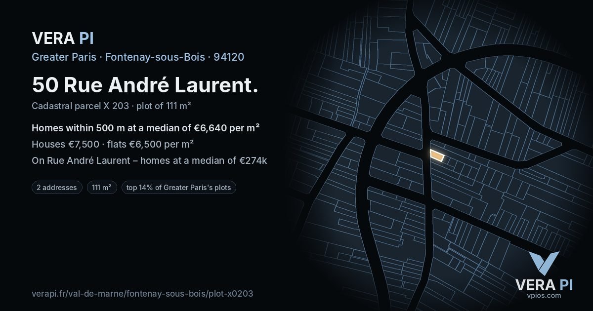 50 Rue André Laurent, Fontenay-sous-Bois at night – the plot lit, the parcels around coloured by the prices near them