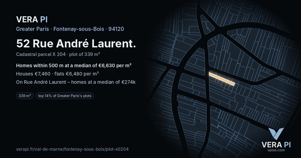 52 Rue André Laurent, Fontenay-sous-Bois at night – the plot lit, the parcels around coloured by the prices near them