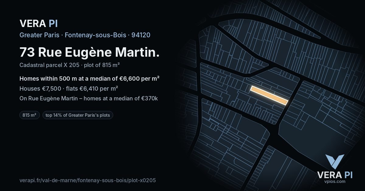 73 Rue Eugène Martin, Fontenay-sous-Bois at night – the plot lit, the parcels around coloured by the prices near them