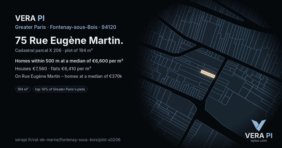 75 Rue Eugène Martin, Fontenay-sous-Bois at night – the plot lit, the parcels around coloured by the prices near them