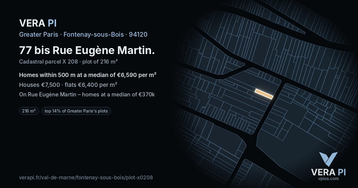 77 bis Rue Eugène Martin, Fontenay-sous-Bois at night – the plot lit, the parcels around coloured by the prices near them