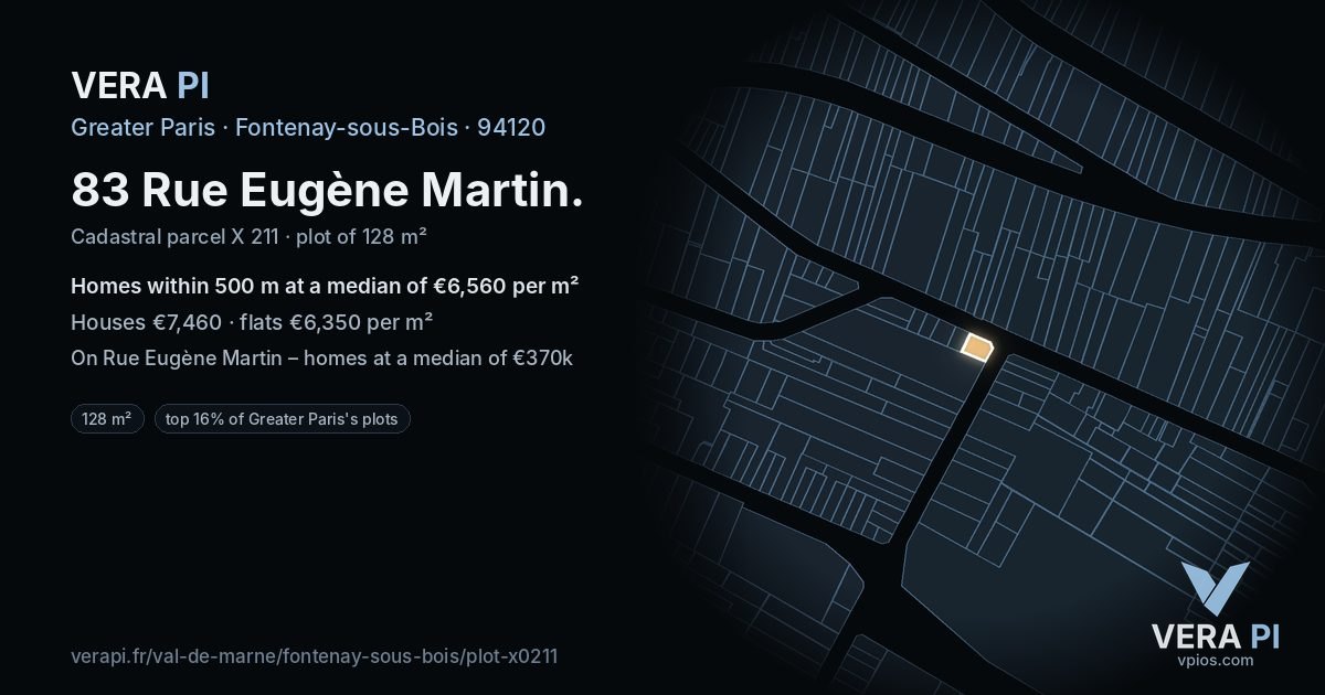 83 Rue Eugène Martin, Fontenay-sous-Bois at night – the plot lit, the parcels around coloured by the prices near them