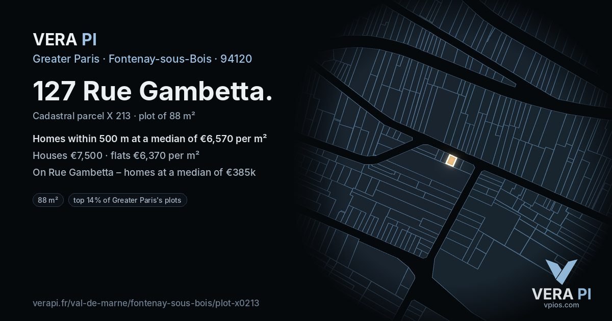 127 Rue Gambetta, Fontenay-sous-Bois at night – the plot lit, the parcels around coloured by the prices near them